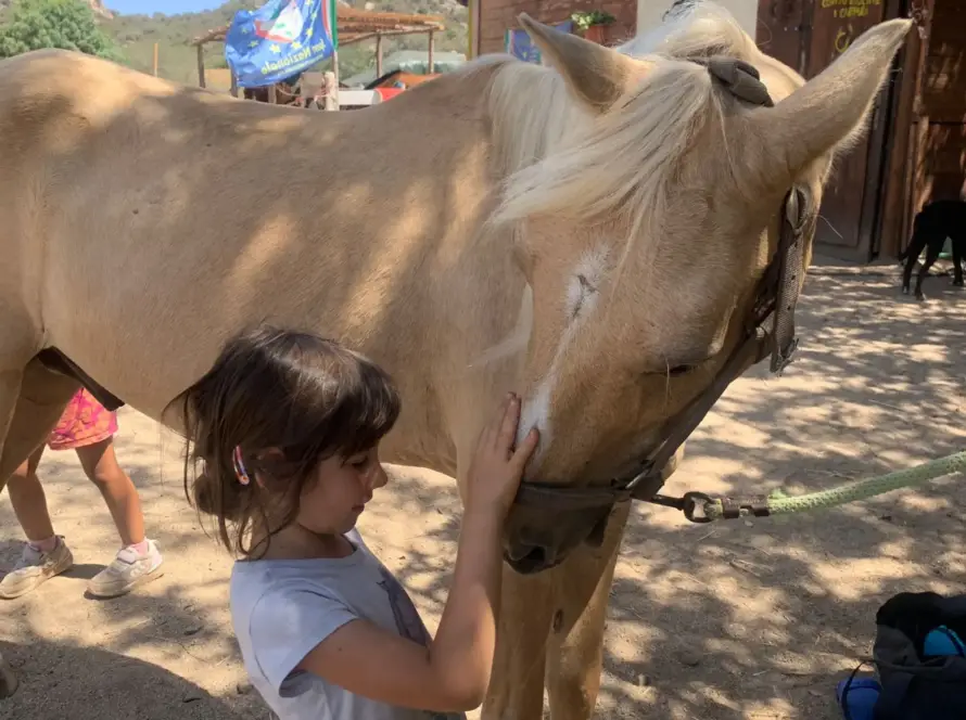 Bambina durante lezione di equitazione in Sardegna
